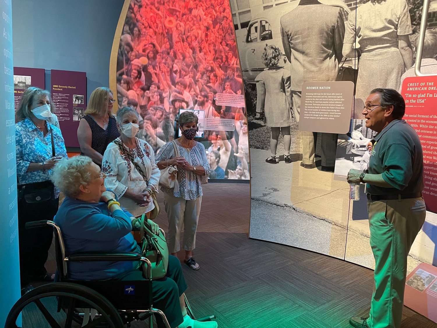 Volunteer docent Joe Carfora has the rapt attention of Hadassah members who attended the tour of the Bethel Woods Museum.